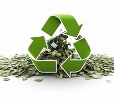 Green recycling symbol with money inside and around it, representing the financial value of recycling