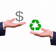 Two hands exchanging a dollar sign and recycling symbol, showing the relationship between recycling and financial benefits